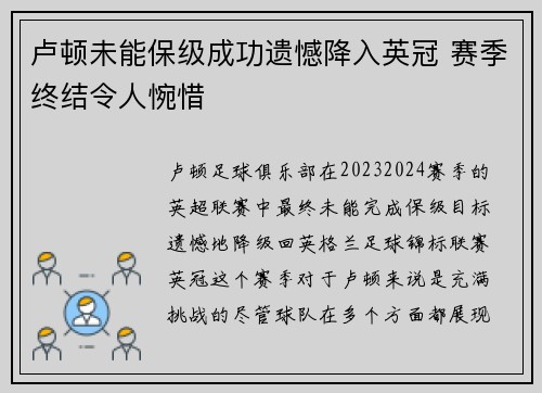 卢顿未能保级成功遗憾降入英冠 赛季终结令人惋惜