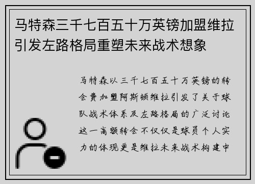 马特森三千七百五十万英镑加盟维拉引发左路格局重塑未来战术想象
